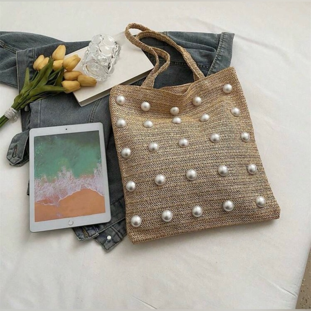"Sandy" Pearl-Embellished Tan Weaved Tote Bag! NWOT - Picture 3 of 9